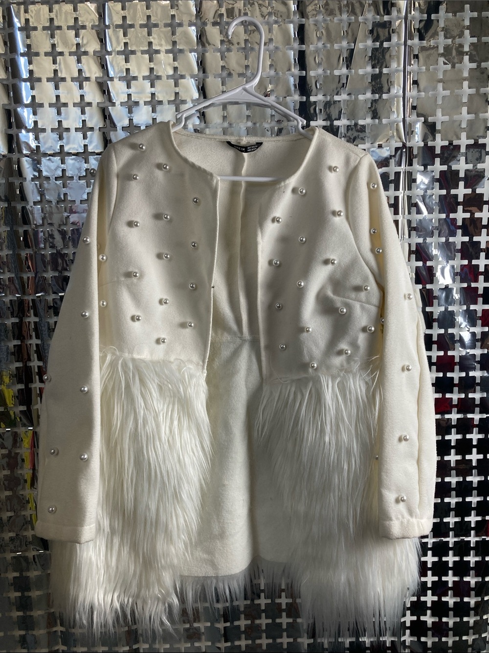 SHEIN Cream Pearl-Embellished Faux-Fur Trim Teddy Jacket